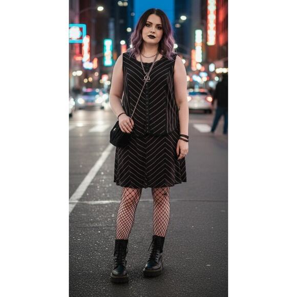 Vtg 90s Fashion Bug Sheer Overlay Stripe Corset Top Skirt Set Plus Size Gothic - Picture 1 of 16